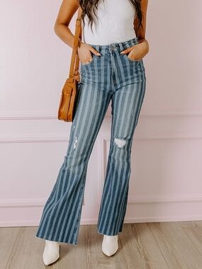 Cello High-Rise Striped Flare Jeans | Raw Hem | Size 5 | NWT